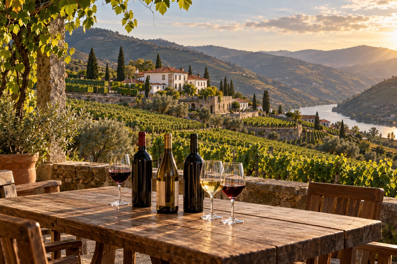 Quinta entre vinhas com mesa preparada para provas de vinhos
