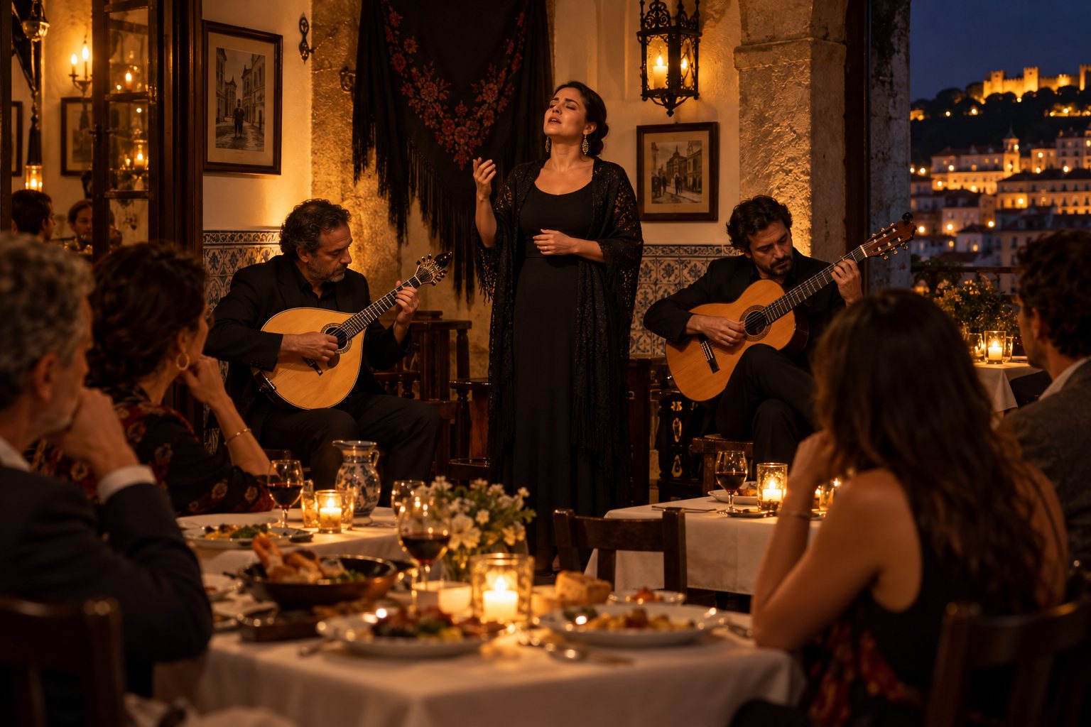 Jantar com atuação de fado e músicos numa sala intimista