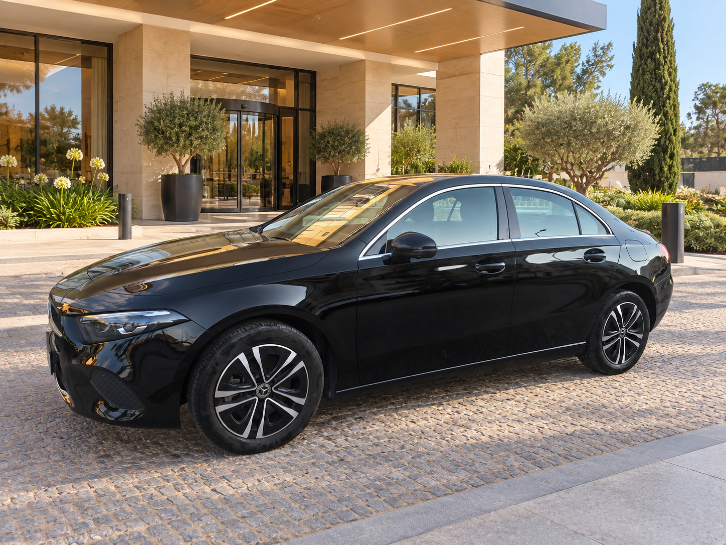 Black Mercedes 5-seat car photographed from the side