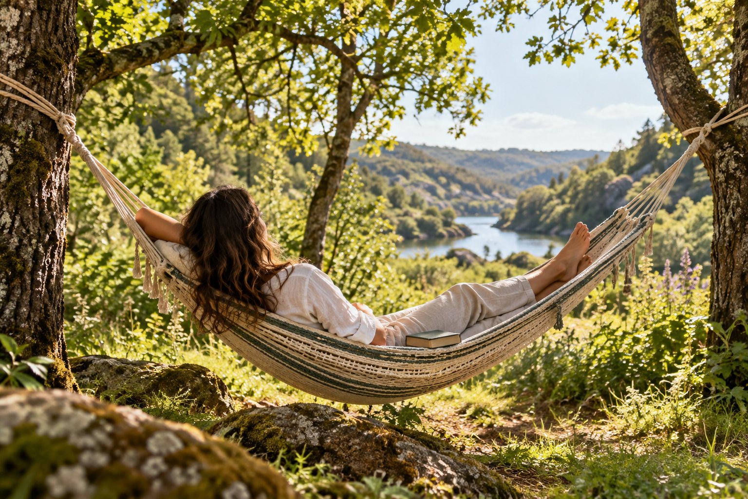 Pessoa a relaxar numa cama de rede entre árvores, com vista para a natureza
