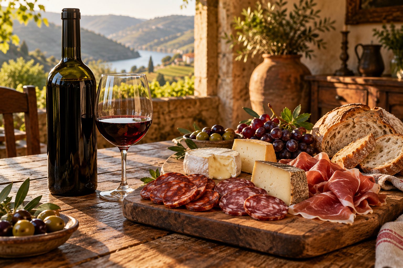 Garrafa de vinho, copo, queijos, enchidos e presunto numa mesa