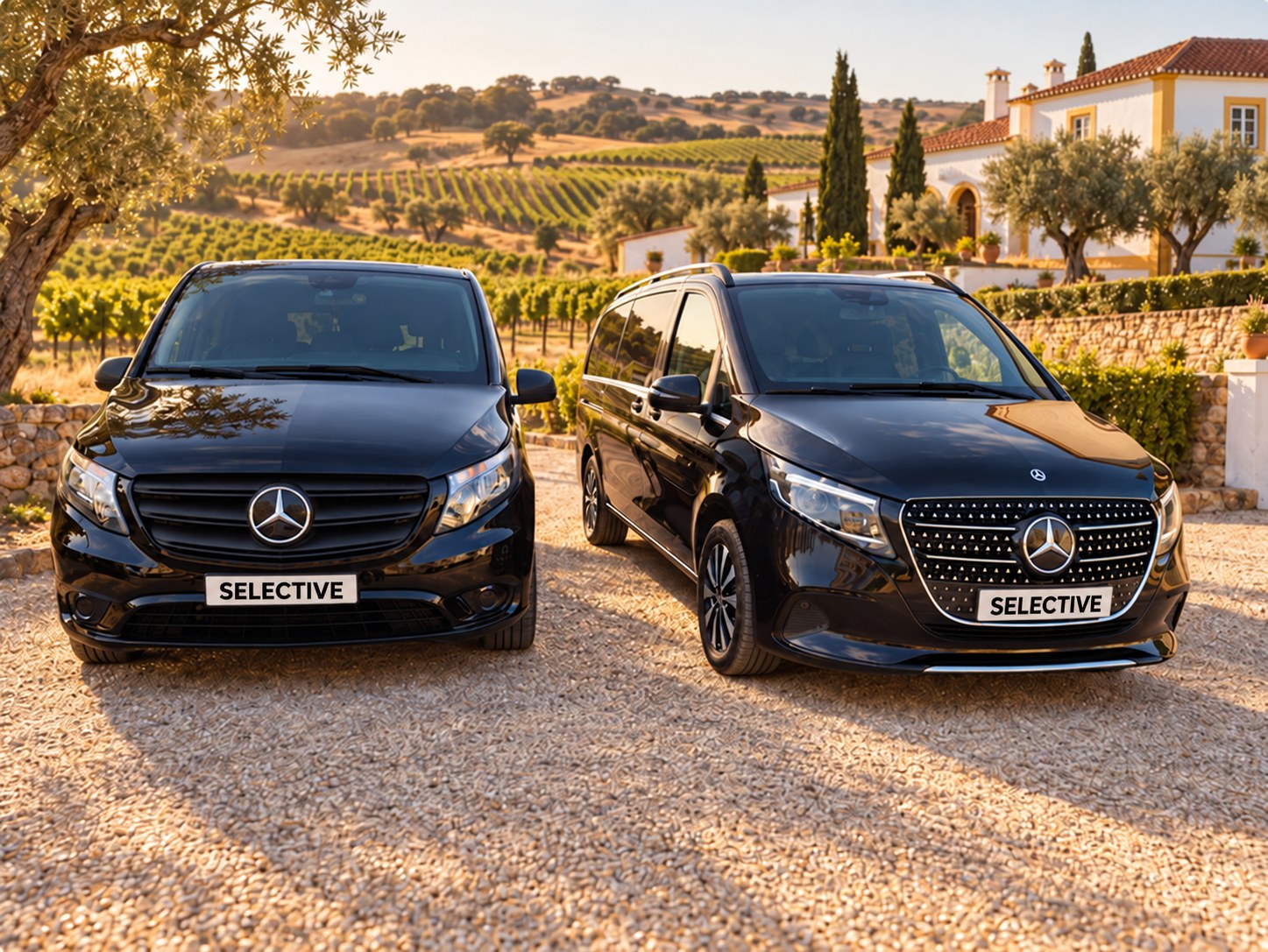Duas vans Mercedes junto a uma quinta de vinhos e vinhas alentejanas, com a palavra SELECTIVE nas matrículas